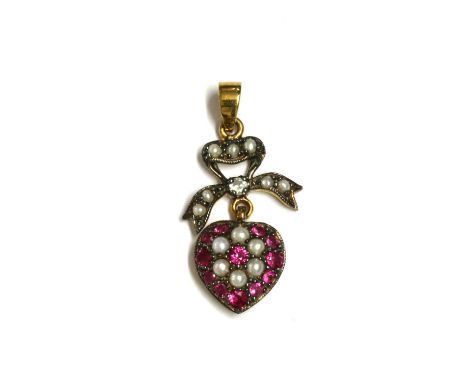 A silver and gold, ruby, diamond and split pearl drop pendant, a heart motif grain set with circular mixed cut rubies, possib