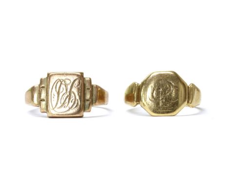 An 18ct gold signet ring, W H Tandy &amp; Sons, the octagonal head with hand engraved initials, worn, to tapered shoulders an