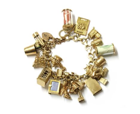 A gold charm bracelet, a 9ct gold circular and oval link bracelet with heart shaped padlock clasp, bolt ring clasp and safety