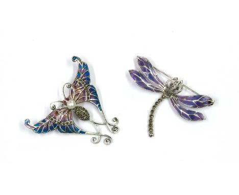 A silver plique-à-jour enamel butterfly brooch/pendant, with blue, purple and orange plique-à-jour enamel wings, marcasite se
