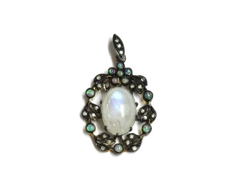 A silver labradorite, opal and diamond wreath pendant, an oval cabochon labradorite claw set to the centre, to openwork wreat