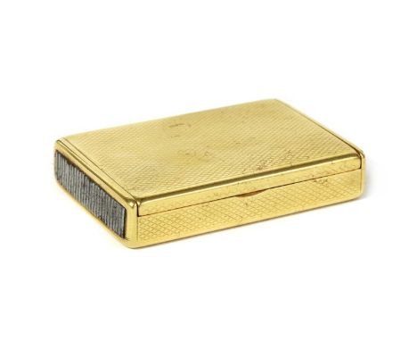 An 18ct gold vesta case, by Frederick Thomas Buckthorpe, of rectangular form with engine turned decoration and metal striking