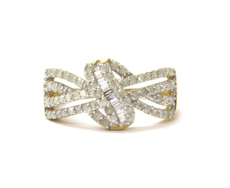 A 9ct gold diamond set knot design ring, with a central column of baguette cut diamonds, to four rows of eight cut diamonds, 