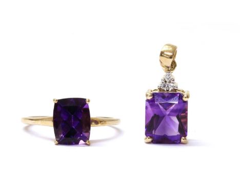 A 9ct gold single stone amethyst ring, Birmingham 2018, together with a 9ct gold amethyst and zircon pendant, Birmingham 2018