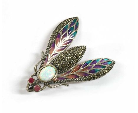 A silver plique-à-jour enamel and assorted gemstone insect brooch/pendant, possibly a moth or cicada, with circular mixed cut