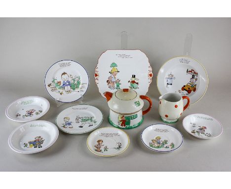 A collection of eleven pieces of Mabel Lucie Attwell Shelley porcelain including a toadstool teapot and milk jug (a/f), a san