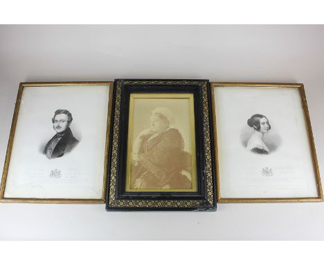 A sepia photograph of Queen Victoria in gilt and ebonised frame, with easel support, 29cm, a 19th century pair of portrait pr