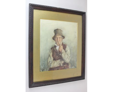 British School, old man smoking a pipe, watercolour, indistinctly signed, 22.5cm by 27cm