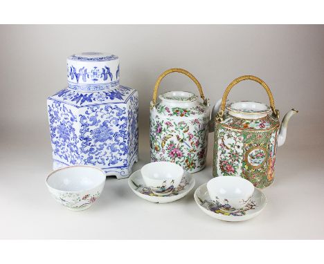 Chinese porcelain, a famille rose teapot, another decorated in bright colours, blue hexagonal ginger jar and cover, two tea b