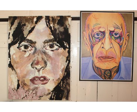 20th century, portrait of a girl, oil on canvas, 76cm by 102cm, and a portrait of an old man, coloured print on canvas, 65.5c