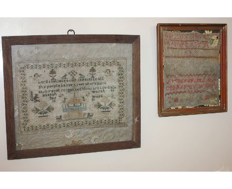 A 19th century sampler with verse, by Hannah Worth, 1921, 21cm by 31cm, and another alphabet sampler, 24cm by 19cm, (NC)