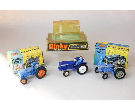 A Dinky die-cast model Leyland 384 tractor in original box 308, and two Corgi tractors, Ford 5000 Super Major Tractor 67 and 