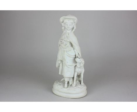 A bisque porcelain figure of a girl in Victorian dress with a seated dog, 30cm