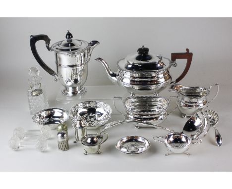 A white metal dish marked 925 with coin insert dated 1780, together with an Adie Brothers silver plated three piece tea set w