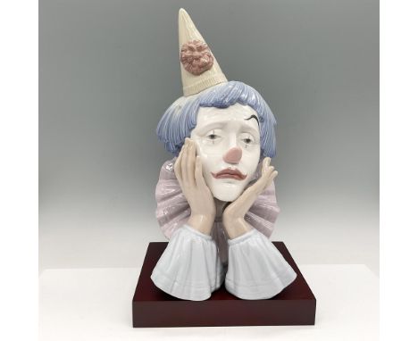 Glossy finish porcelain bust of a thinking clown with a cone hat. Lladro backstamp. This item has a base included: 7.75"L x 6