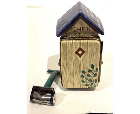 Unique and adorable. Detailed blue roofed faux bois hand-painted She or He shed with colorful flowers and plants on sides. Fr