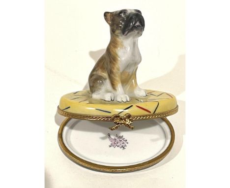 Rare, beautifully crafted mini box features handsome Boxer Dog, seated on pale yellow oval box with strokes of red, blue and 