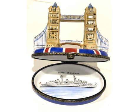 A London Landmark. Magnificent oval shaped Tower Bridge mini box showcases bridge in all its glory sitting atop equally iconi