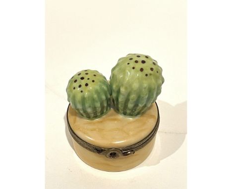 Charmingly hand painted Limoges fine porcelain mini box with double green barrel cacti. Ridges, spots and all. Vibrant green 