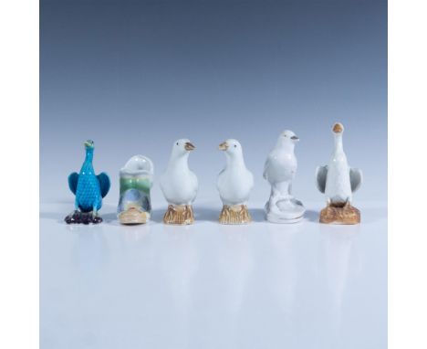 Small figurines include colorful shoe 2.75"H, 2 pigeons 4"H, bird with gilt accents sitting on tree branch 4.25"H, white duck