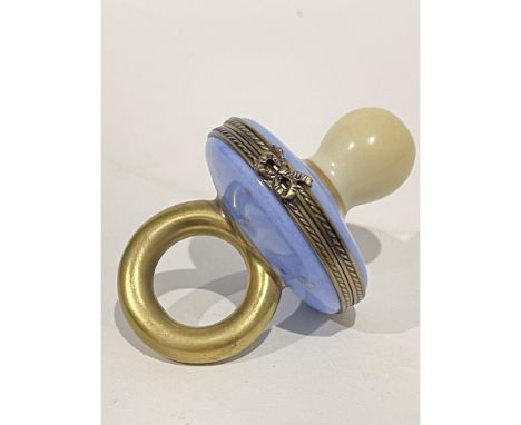 Limited Edition. 24k gold accented Hand painted blue baby pacifier porcelain mini box. Gilded bow closure opens to Peint Main