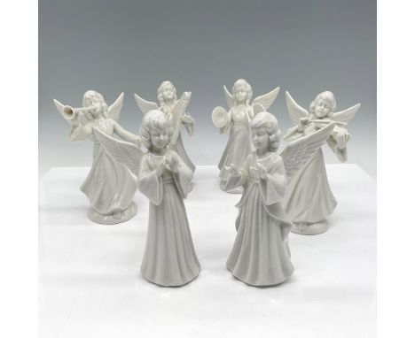 Lovely white porcelain angels, 4 with instruments and 2 singing and clapping. Dresden Sandizell backstamp. Issued: 1960sDimen