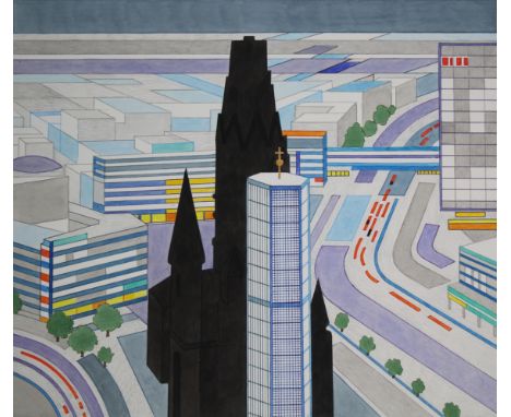 Erik Nitsche (Swiss, 1908 - 1998) "Kaiser Wilhelm Memorial Church" Signed lower right. Original Mixed Media painting on Illus