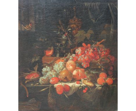 Attributed Abraham Mignon (1640 - 1679) Large Old Master Still Life. Oil on Canvas. Craquelure to paint throughout. Provenanc