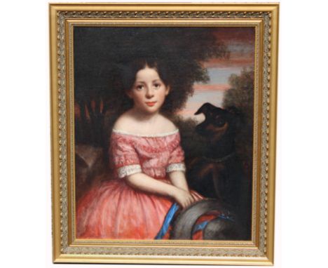 American School, 19th C. portrait of a girl with a dog. The sitter is possibly a "Maine Heiress" Oil on canvas. Appears to be