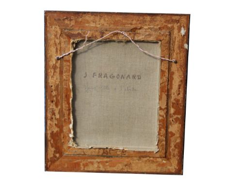 J Fragonard Enhanced Print on Canvas. Bearing signature verso on canvas. Sight Size: 9.5 x 7.5 in. Overall Framed Size: 15 x 