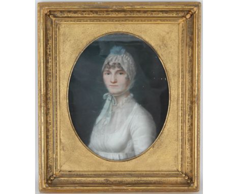 18/19th C. American School Portrait of a Woman. Pastel on Paper. Housed in a gilt frame. Apears to be unsigned. Has not been 