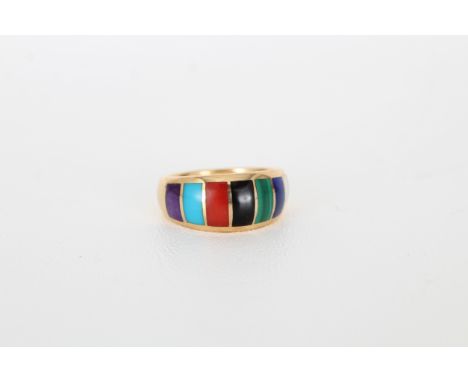 18K Gold Multi-Colored Semi-Precious Stone  Ring. Stamped inside band. Ring contains,  lapus, red coral, onyx, malachite, tur