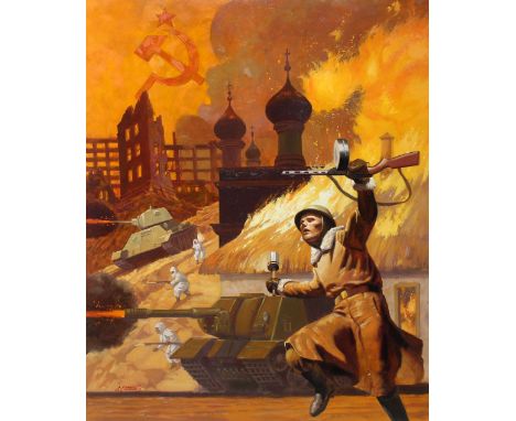 Shannon Stirnweis (B. 1931) "Liberation of Smolensk" Signed lower left. Original Oil painting on Illustration Board. Provenan