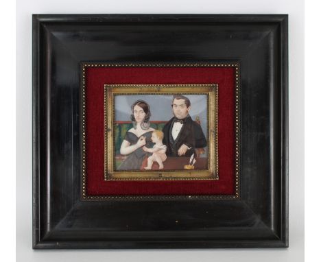 19th Century American School, Family Portrait, Oil on Wood Panel, Signed lower right. Sight Size: 3 x 3.5 in. Overall Framed 