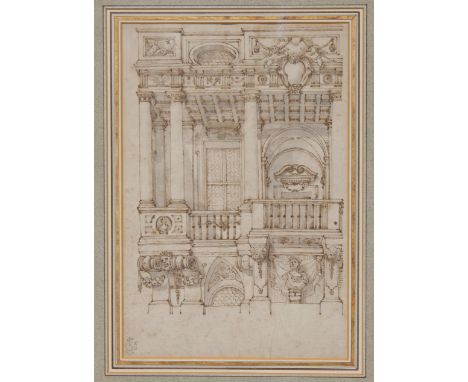 16th/17th Century Italian School. Design for a facade with a Loggia. Pen, brown ink and gray wash on paper. Provenance Luigi 