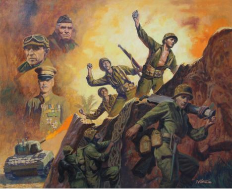 Shannon Stirnweis (B. 1931) "Okinawa Invaded by U.S. Marines" Signed lower right. Original Oil painting on Illustration Board