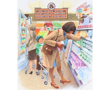 Mel Crawford (Canadian, B. 1925) "Woman in Grocery Store" Signed lower right. Original Mixed Media painting on Illustration B