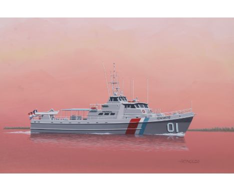 Keith Reynolds (American, B. 1929) "Ionmeto Patrol Boat" Signed lower right. Original Oil painting on Canvasboard. Provenance