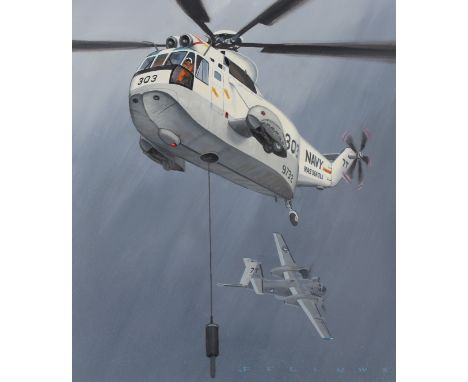 Jack Fellows (American, B. 1941) "1965 Sikorsky S-61 (HH-3E)" Signed lower right. Original Oil painting on Masonite painting.