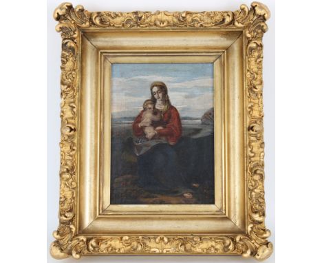 Old Master Madonna and Child painting. Oil on Canvas. Appears to be unsigned. Housed in a gilt/carved frame. Sight Size: 9.5 