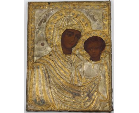 Antique Russian Icon. Oil and tempera on wood panel with gilt overlay. Provenance: Deceased estate of Dr. John Schaeffer (Orl