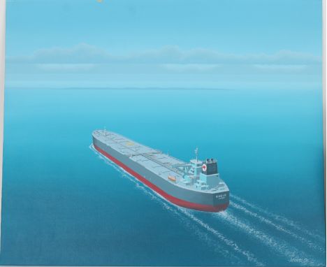 Keith Reynolds (American, B. 1929) "Mobil Eagle Majuro Oil Tanker" Signed lower right. Original Oil painting on Canvas Board.