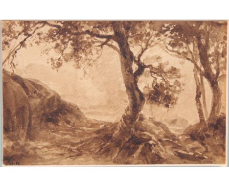 Theodore Rousseau (French 1812-1867) Forest at Fontainebleau Sepia watercolor drawing Monogram, lower left: TH R Inscription 