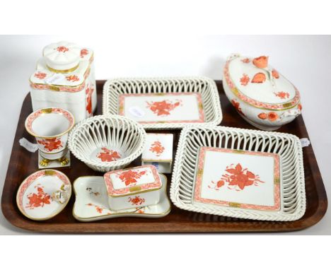 A group of Herend table wares including tea caddy, tureen, vase, dishes etc 