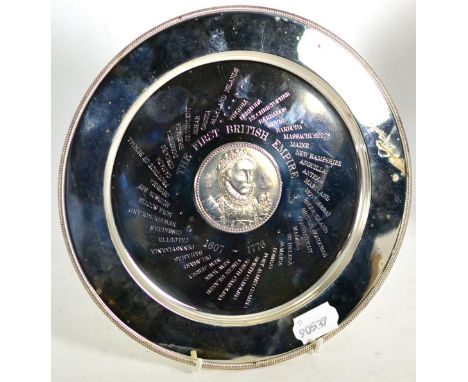 The First British Empire silver commemorative plate, London 1975, decorated with a portrait of Elizabeth I and the British Te