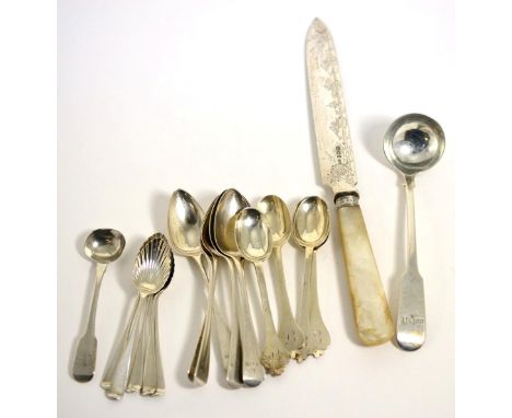 Set of George III teaspoons; further teaspoons; Scottish silver toddy ladle; and a Victorian silver cake knife 