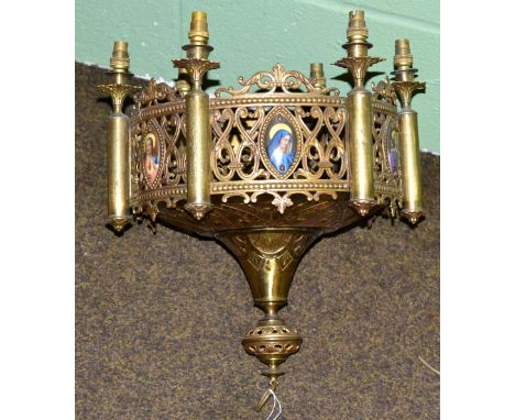 A late 19th century gilt metal hanging ceiling light set with porcelain panels 