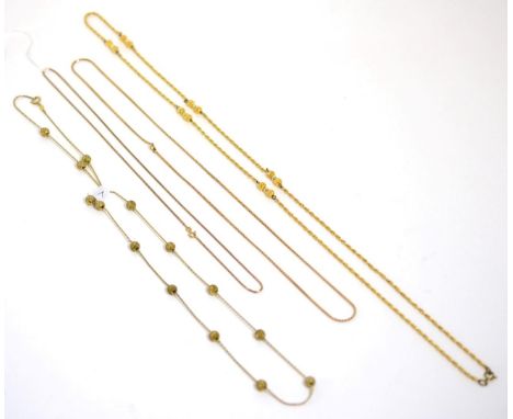 A 9 carat gold box link chain necklace, length 61cm, an S-link chain necklace, length 72cm and two gilt metal chain necklaces