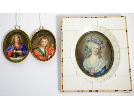 An early 20th century portrait miniature in contemporary piano key frame; together with two handpainted oval porcelain plaque