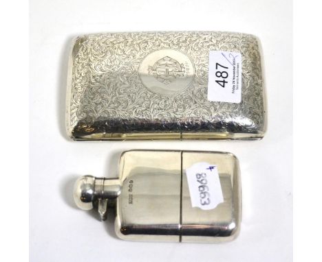 An Edwardian silver cigar/cigarette case, by J.M.B, Chester, 1904; together with a silver hip flask, by James Dixon and Sons,